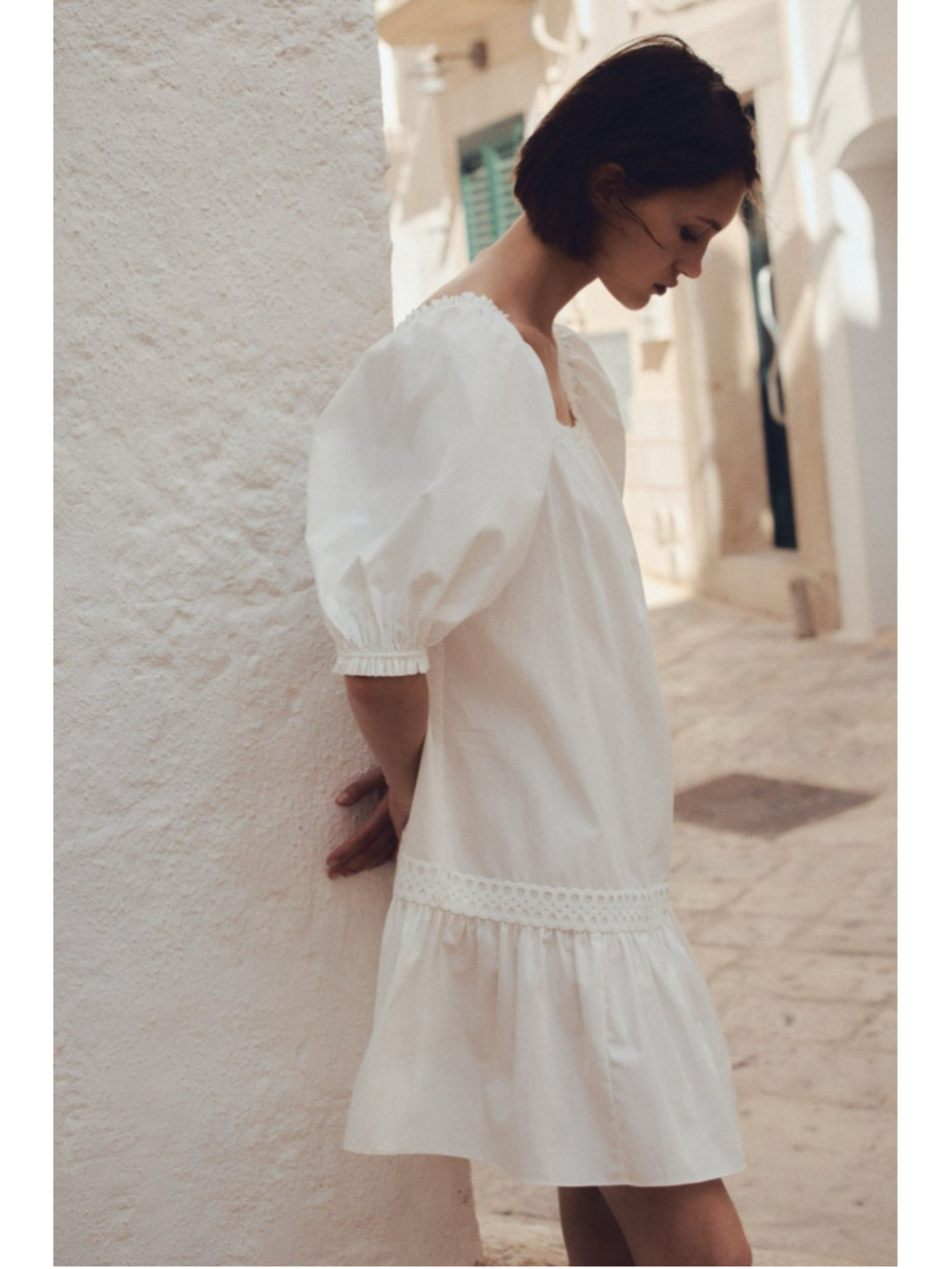 NWT H&M WHITE POPLIN DRESS WITH PUFF SLEEVES - Picture 4 of 11